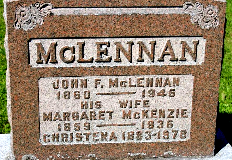 Photo of headstones/John F McLennan 1860-1945 hdstn Maxville Cem ON